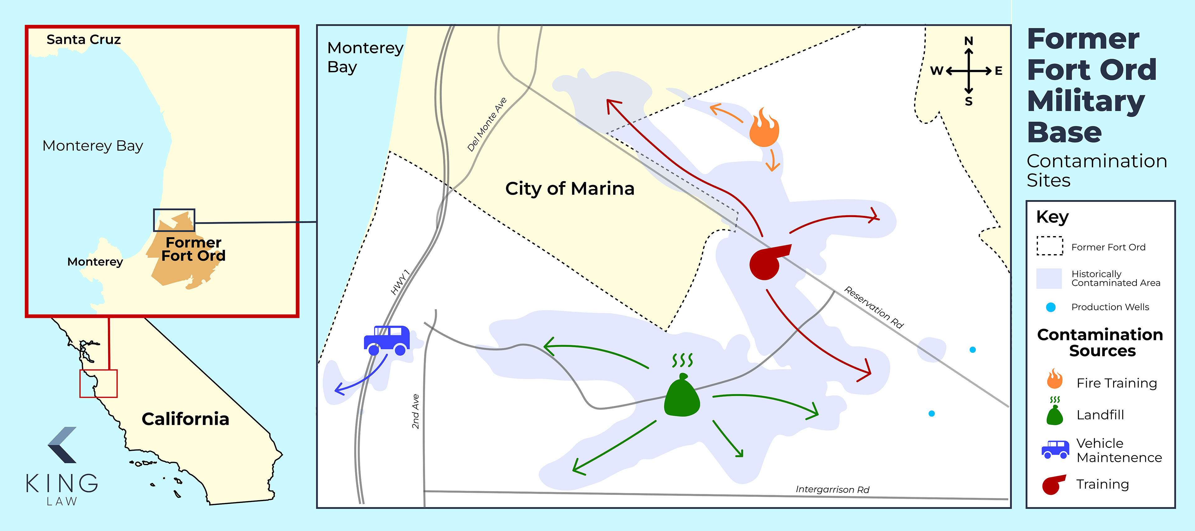 Fort Ord Water Contamination Map: Infographic shows map of Fort Ord with sources of contamination and the affected areas.