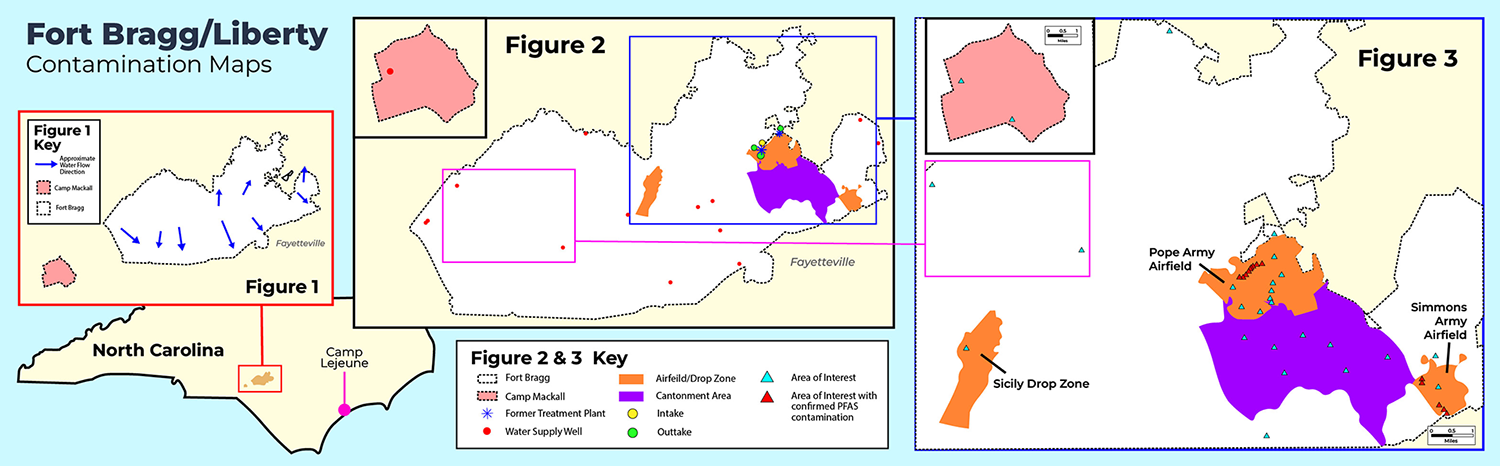 Fort Bragg Water Contamination Map: Infographic shows known contaminant sites in relation to air fields and on base residences. Image shows approximate water flow diagram and water supply wells.