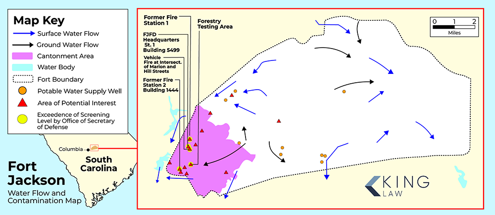 An illustrated map showing Fort Jackson, South Carolina. The map details fort boundary, water flow, water supply wells, areas of potential interest, and areas where pfas levels have exceeded the screening level.