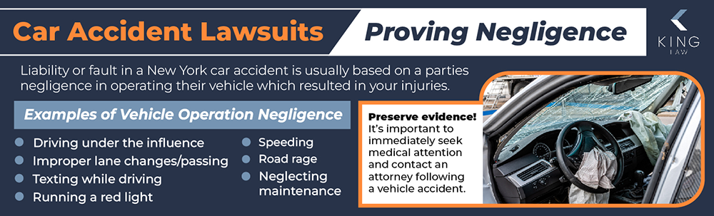 Infographic listing examples of driver negligence; image of crashed car; note expressing the importance of contacting a lawyer and doctor following an accident. 