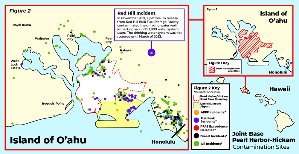 A map showing contamination instances on or near Joint Base Pearl Harbor-Hickam, including Aqueous Film Forming Foam, Fuel leaks, diesel leaks, oil leaks, and PFAS exceedance detected.