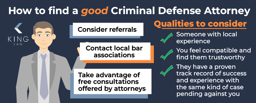 Infographic with a illustration of a lawyer listing ways to find a good criminal defense lawyer and some qualities to look for in a good criminal defense lawyer. 