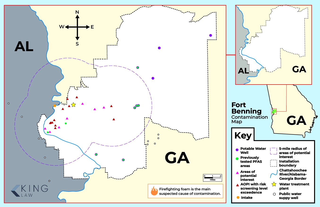 Map showing Fort Benning, water wells, areas tested for PFAS, areas of interest, and areas that exceed risk screening levels.