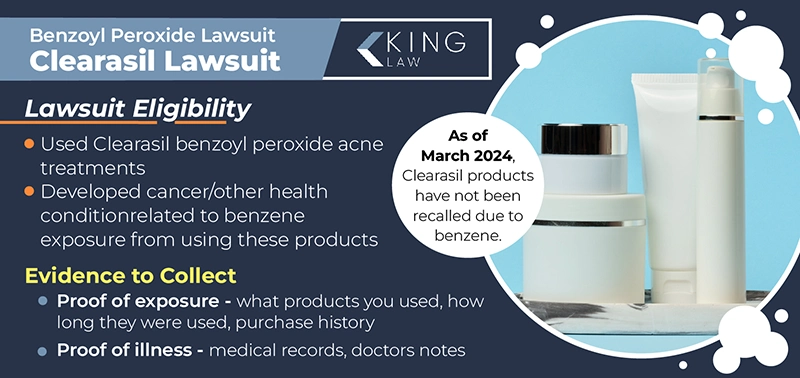 This infographic lists the eligibility criteria for a Clearasil benzoyl peroxide lawsuit and the best evidence in a Clearasil claim. 