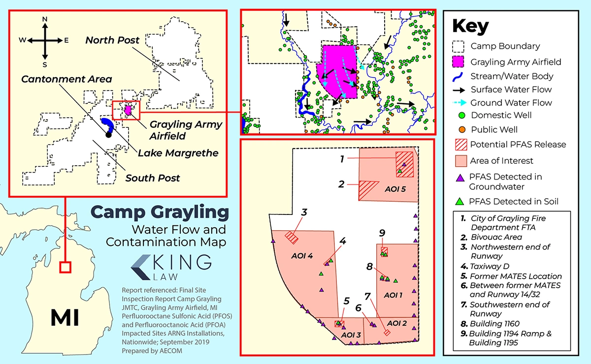 This map show the location and boundary of Camp Grayling in Michigan. It emphasizes the main area of PFAS contamination at the Grayling Army Airfield and all areas with confirmed PFAS contamination as well the water flow and domestic wells outside of the the airfield. 