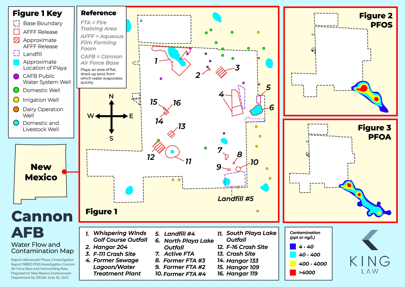 This map shows the known areas of AFFF release on Cannon Air Force Base and the contamination of PFOS and PFOA off base. 