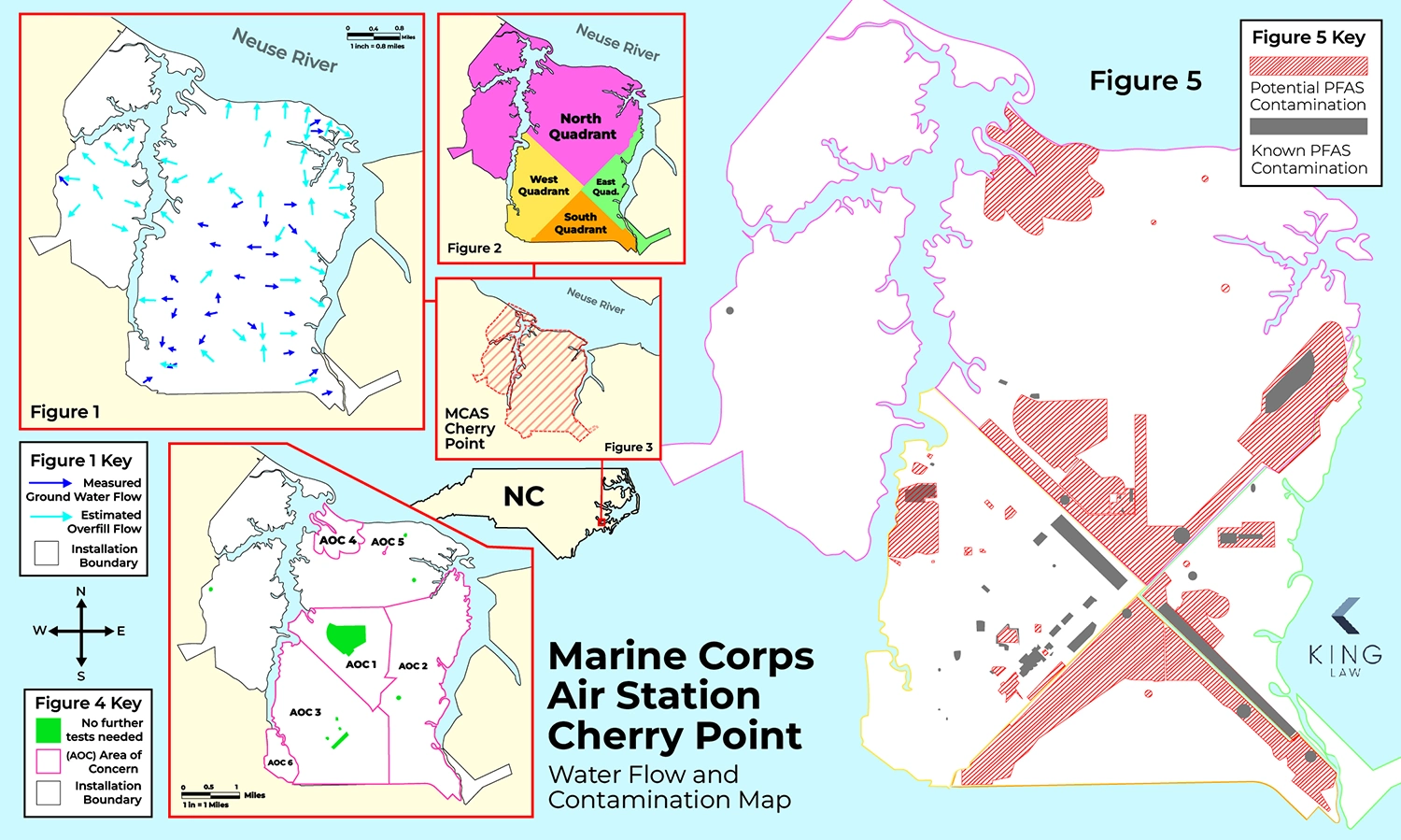 This infographic illustrates the pfas contaminated areas of Cherry Point, the direction of surface and ground water flow, and areas of potential contamination. 