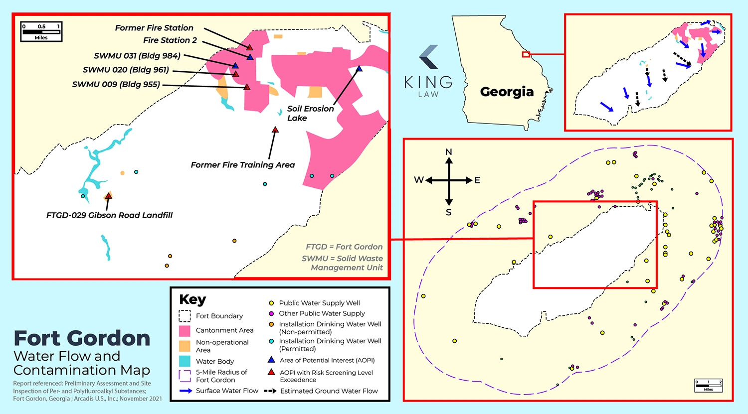 This map shows the areas of Fort Gordon that have potential or confirmed contamination in the water. This map also shows their relation to cantonment areas, public water wells, and approximate water flow. 