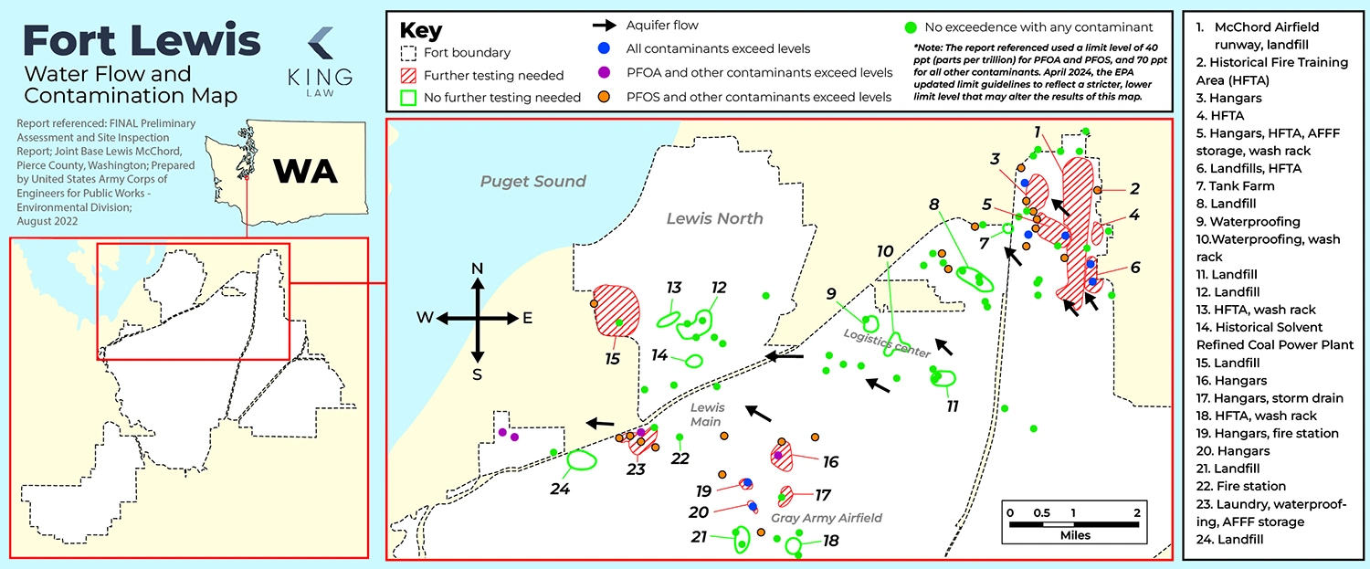This map shows the known contamination areas at Joint Base Lewis-McChord and what their contamination source is. 