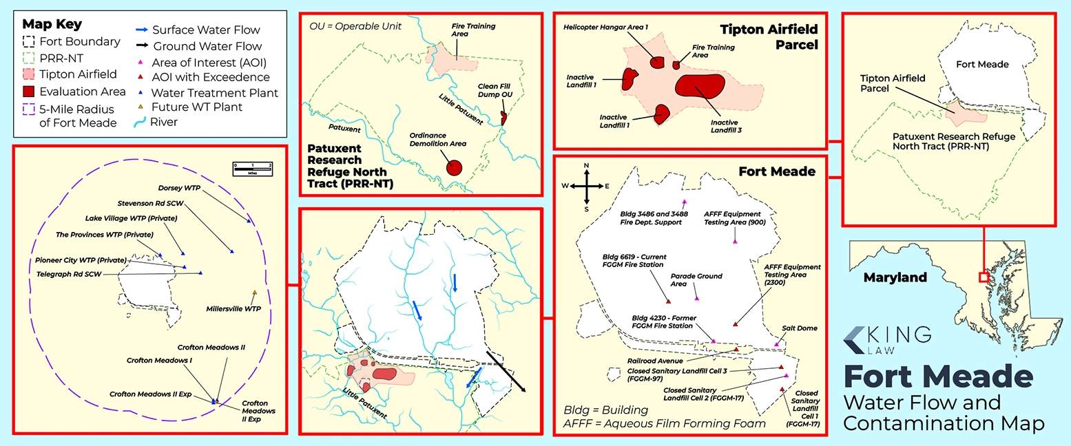 This map shows Fort Meade and surrounding Tipton Airfield Parcel and Patuxent Research Refuge North Tract, and their potential and known contamination areas. 