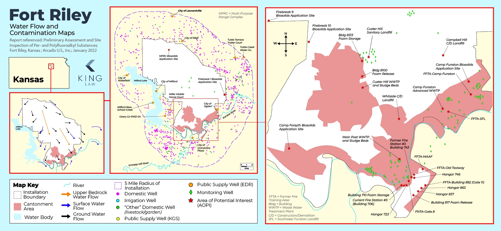 This map shows Fort Riley, Kansas. It visualizes the ground, surface, and bedrock water flow, marks sites of interest for PFAS testing, and shows all wells within a five mile radius of Fort Riley. 