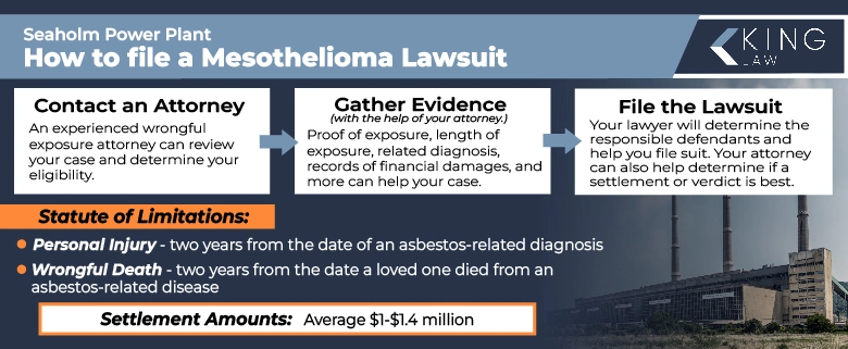 This infographic lists three simple steps for filing a lawsuit, the statute of limitations on an asbestos mesothelioma lawsuit in Texas for personal injury and wrongful death, and also notes the average settlement amount for an asbestos mesothelioma lawsuit. 