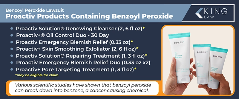 This infographics lists the Proactiv products that contain benzoyl peroxide and notes what products may be eligible for a Proactiv lawsuit claim. 