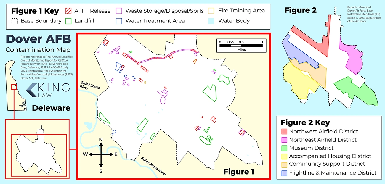 This map shows all areas of interest for water contamination at Dover Air Force Base, and what kind of source of contamination is there. It also shows the current land distribution and use at Dover Air Force Base