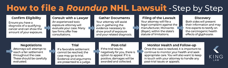This image is a flow chart of the lawsuit process for a roundup non-hodgkin's lymphoma lawsuit from start to finish. 