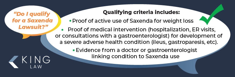 Infographic shows a speech bubble asking "do I qualify for a saxenda lawsuit". A second speech bubble lists the qualifying criteria for a saxenda lawsuit: proof of active use, proof of medical intervention for a severe adverse health condition, and evidence from a doctor or gastroenterologist linking severe health condition to saxenda use. 