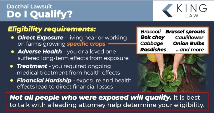 This infographic lists the eligibility requirements for a Dacthal lawsuit and notes that not all who are exposed to Dacthal will qualify. Image of a farmer holding a cabbage in ground with gardening tools. 