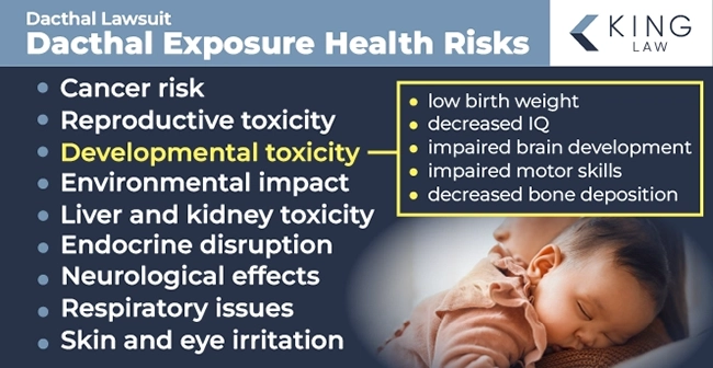 This infographic lists the negative health effects from Dacthal exposure, highlighting the developmental toxicity. Image of a newborn girl sleeping on a woman's shoulder. 