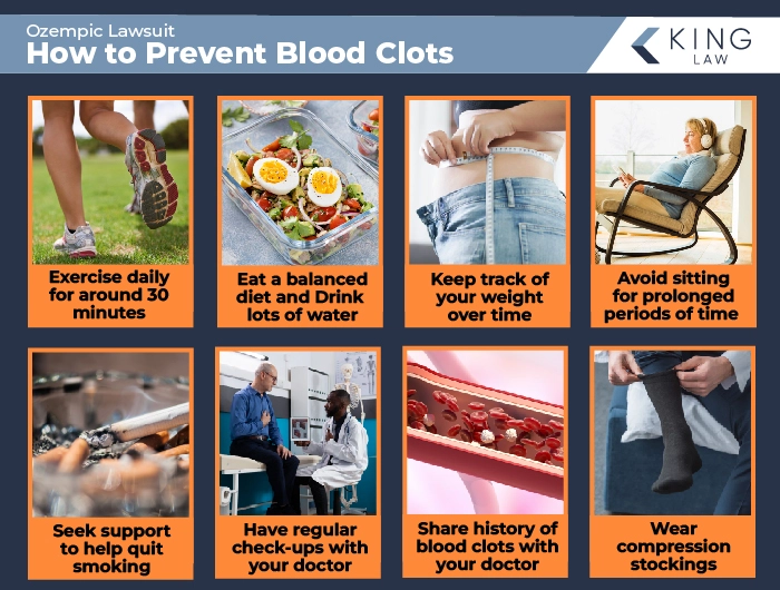 This infographic gives tips on how to avoid blood clots while taking Ozempic. Image of person running away from camera, image of a healthy tuna salad, image of an overweight girl checking her waist size, image of an older woman sitting in a recliner with headphones in, image of a partially smoked cigarette, image of an old patient with a young doctor, 3D render graphic of blood cells flowing in a vein, image of a man putting on socks.