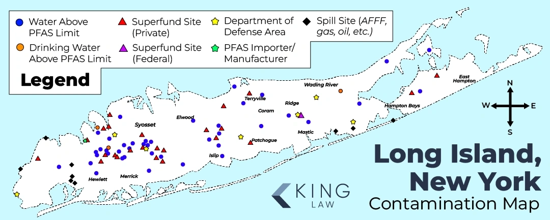 This map shows spots across Long Island, NY that have been found to be contaminated with PFAS chemicals or other significant spills, as well as places that manufacture or distribute PFAS containing products. 
