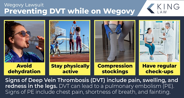 This infographic lists four things you can do to avoid deep vein thrombosis while taking Wegovy. Images that relate to each listed item are shown.