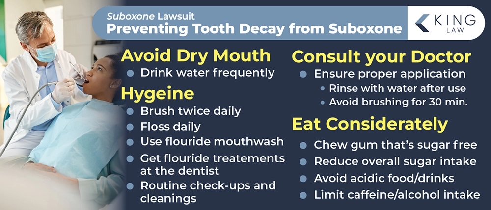 Infographic listing the ways someone can help prevent tooth decay or dental damage while taking Suboxone. Image of a dentist examining a young, black, female patient. 
