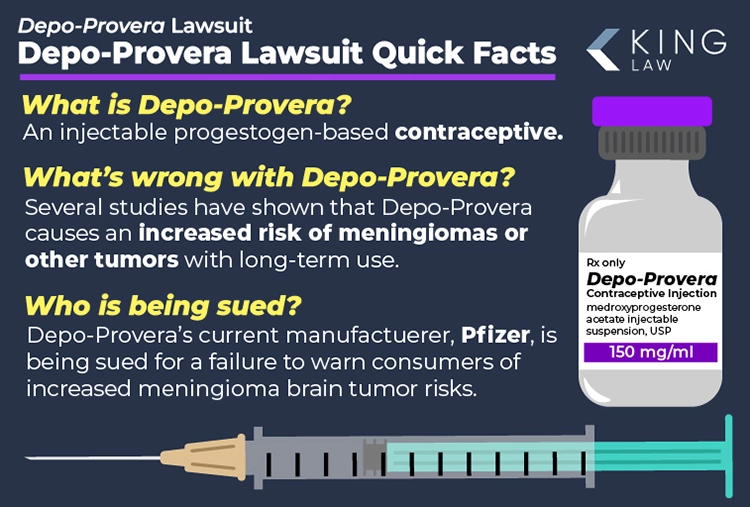 This infographic lists the three questions and answers: What is Depo Provera? What's wrong with Depo-Provera? Who is being sued in the Depo-Provera lawsuit? Graphic of a Depo-Provera vial on the right, and a graphic of a medical syringe on the bottom.