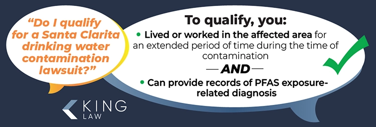This infographic has two speech bubbles. The first asks if they qualify for a Santa Clarita, California water contamination lawsuit. The second responds with the eligibility criteria.