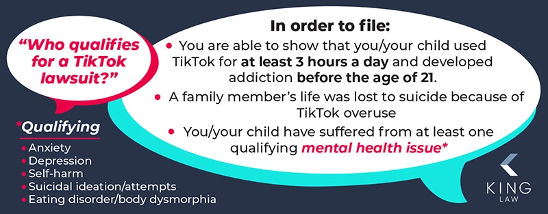 This infographic shows two speech bubbles: the first asks who qualifies for a TikTok lawsuit. The second responds with the eligibility criteria to file a TikTok mental health lawsuit. A list of qualifying injuries is also shown.