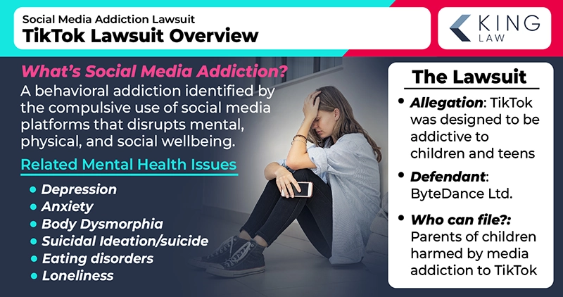 Infographic highlighting social media addiction, the related mental health issues, and a brief overview of the lawsuit. Stressed teen girl sits on floor with phone.