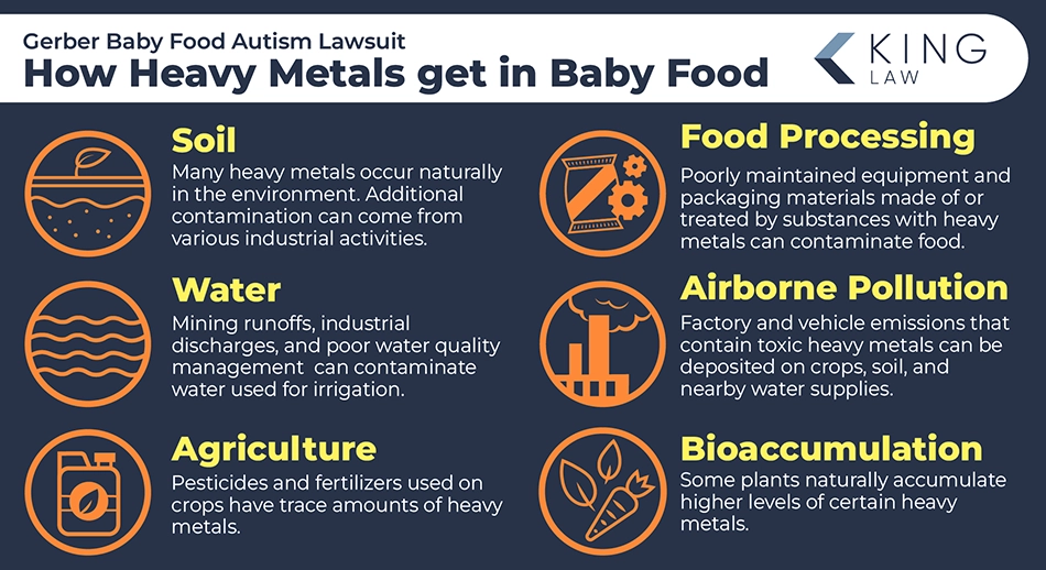 Infographic explaining the ways baby food can be contaminated with heavy metals. Icons for each source are shown.