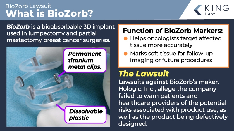 This infographic explains what BioZorb is and what it does, as well as the associated lawsuits. Image of a BioZorb implant is shown.