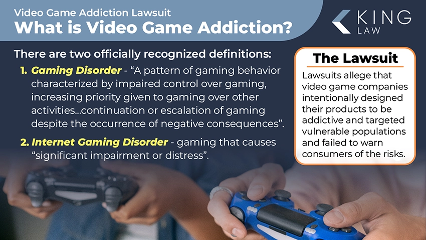 This infographic shows the two officially recognized definitions of video game addiction and explains what the lawsuit alleges.