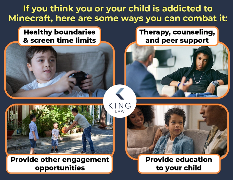 Infographic showing what ways someone can help a child with minecraft video game addiction. Images: a young boy playing video games, a teen talking to a therapist, two young boys playing basketball with their dad, a young child talking with their parents on the couch.