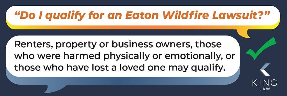 This infographic has two speech bubbles. The first asks if they qualify for an Eaton wildfire lawsuit. The second responds with who is eligible to file a claim.