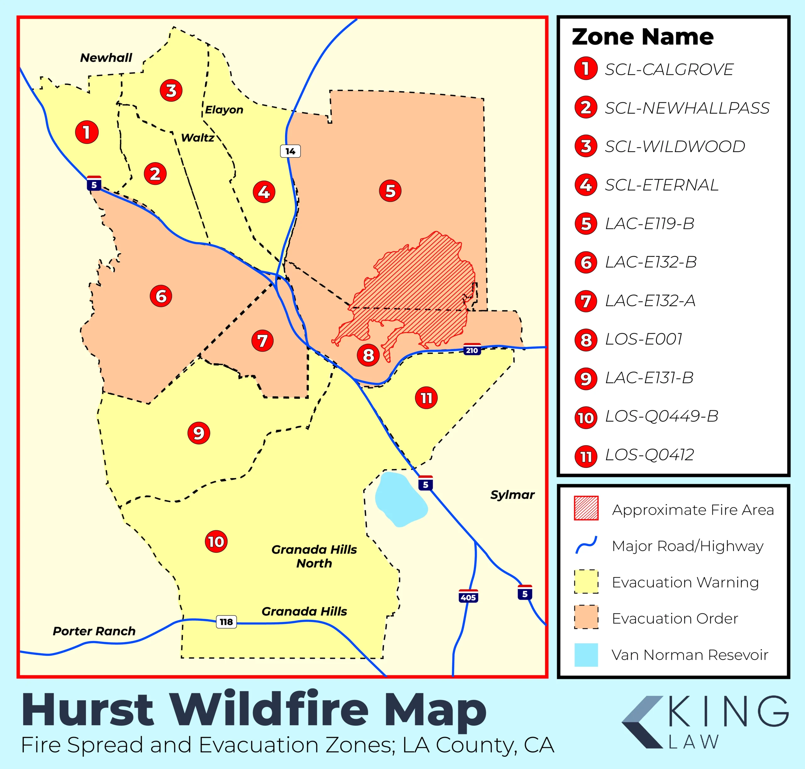 This map shows the area that the Hurst wildfire spread through in LA County and what zones had mandatory evacuations and evacuation warnings.