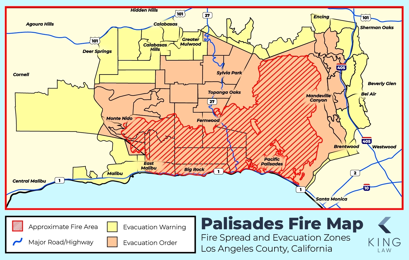 This infographic is a map showing the spread of the Palisades fire through Los Angeles county, as well as the zones of evacuation.