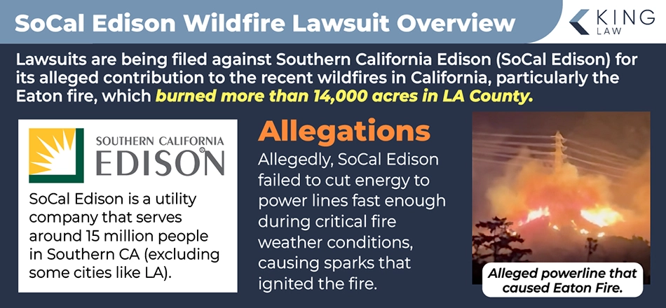 This infographic provides a brief overview of the SoCal Edison lawsuit, who Southern California Edison is, and the allegations against the utility company. Image of the powerline that allegedly cause the Eaton Fire.