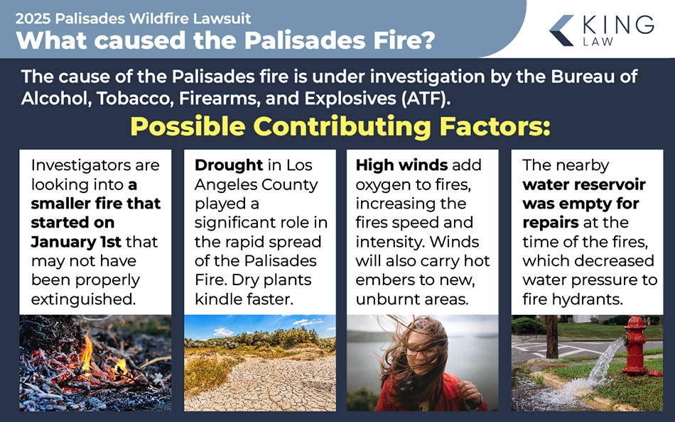 This infographic gives the current information on what caused the Palisades fire in Los Angeles County, California, and what the contributing factors were.