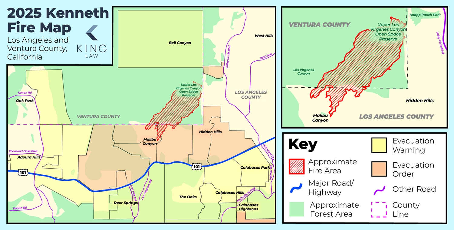 This graphic shows a map of the approximate fire spread area of the Kenneth wildfire in Los Angeles and Ventura counties in California. It also shows the mandatory evacuation and warning areas surrounding the Kenneth fire.