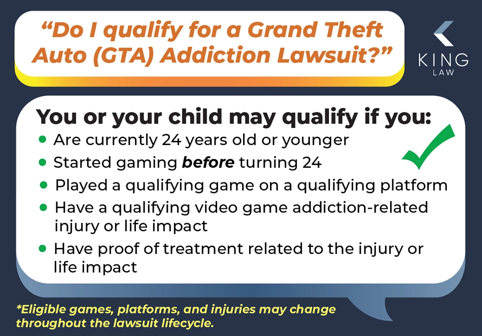This graphic has two speech bubbles. The first asks if they qualify for a Grand Theft Auto (GTA) addiction lawsuit. The second responds with the eligibility criteria.