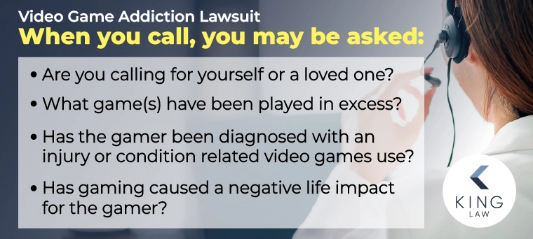 Infographic lists questions you may be asked on the phone for a video game addiction lawsuit. Image from behind a call center worker.