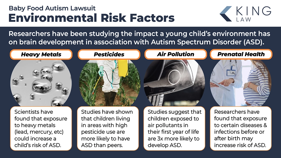 This infographic lists and explains what factors in the environment can increase a child's risk of developing autism spectrum disorder. Image of heavy metal mercury, image of someone spraying pesticides, image of a car exhaust, image of a pregnant woman at the doctors.