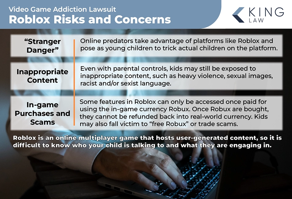 Infographic explaining the online safety risks and concerns associated with Roblox. Image of an older man typing on a computer in the dark.