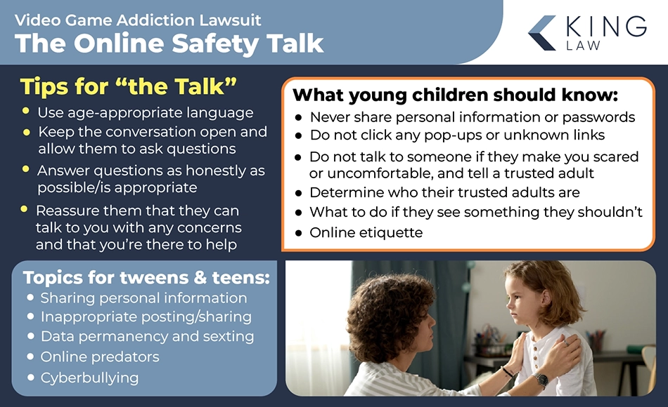 This infographic gives tips on how to have an online safety talk with your child or teen. Image of a young mother having a serious conversation with her daughter.