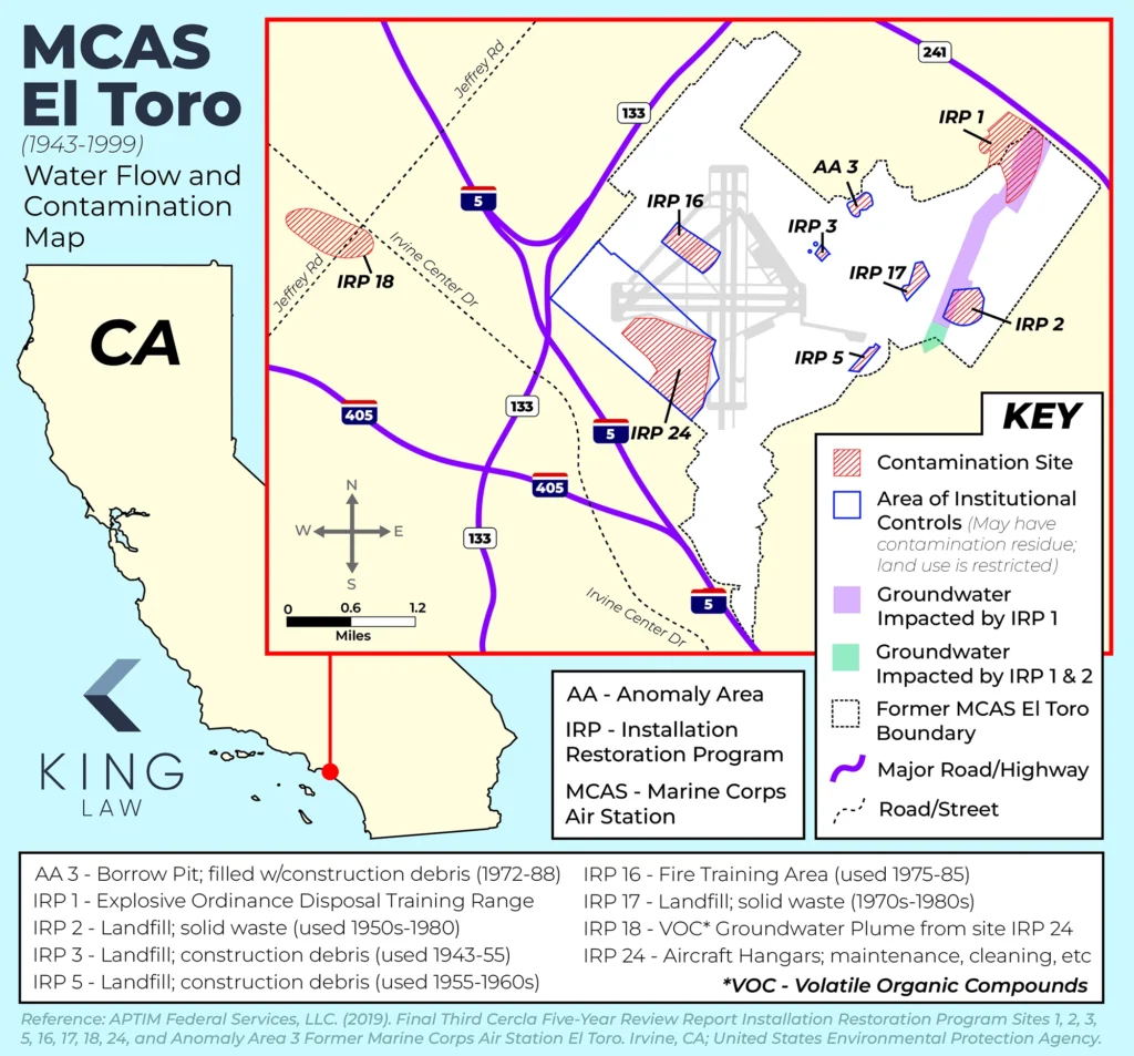 Map depicting the extent of water contamination on MCAS El Toro in Irvine, California.
