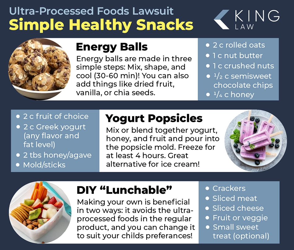 Infographic giving three simple recipes for healthy snacks for kids.