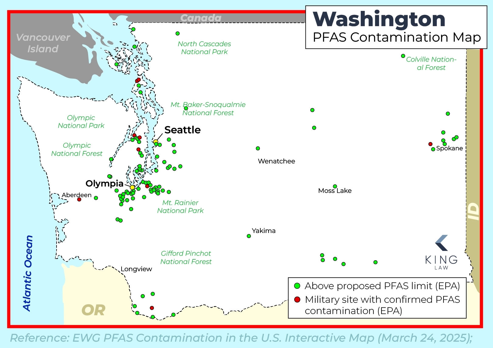 This graphic is a map noting areas in Washington state that are known to have PFAS contamination at or exceeding maximum contaminant levels. 