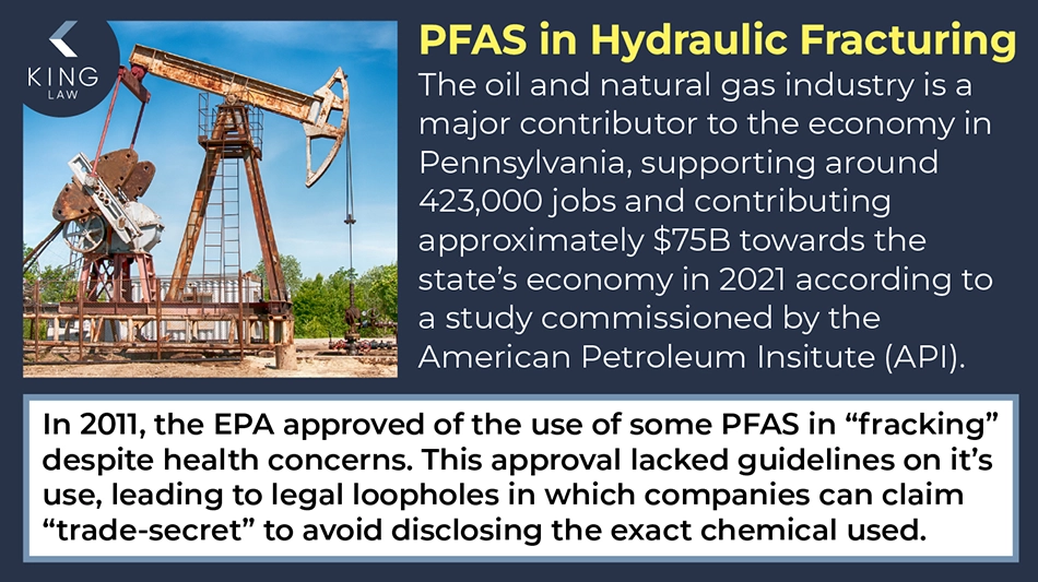 Infographic explaining the significance of the oil and natural gas industry in Pennsylvania and how PFAS chemicals are used in fracking. Image of an oil well.