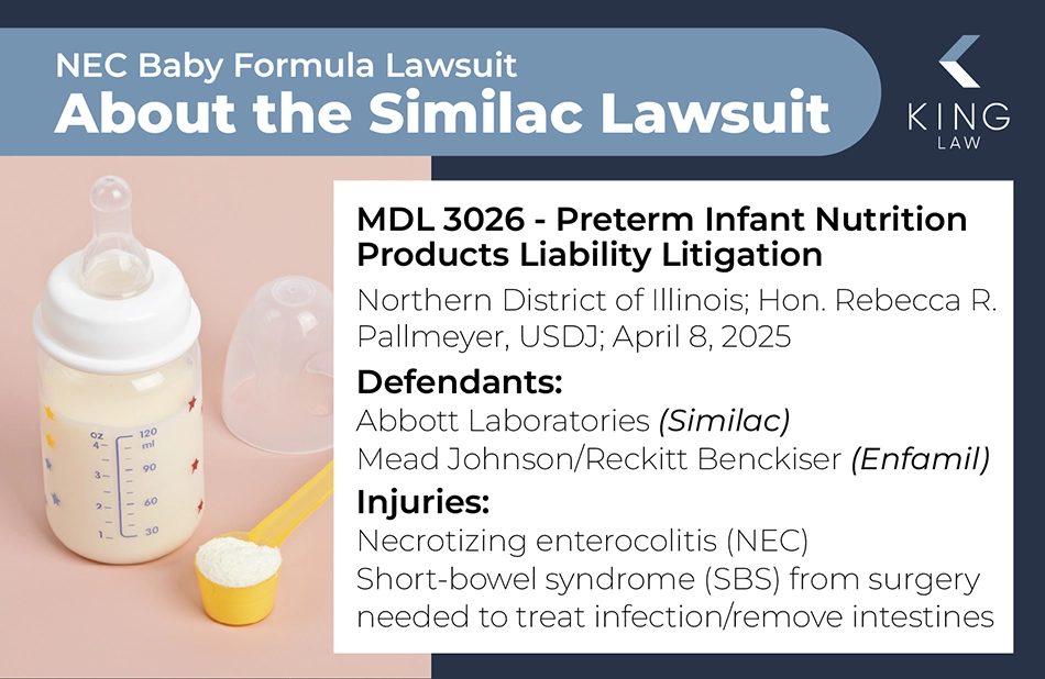 Infographic providing an overview of the Similac lawsuit. Image of a baby bottle with a scoop of baby formula.